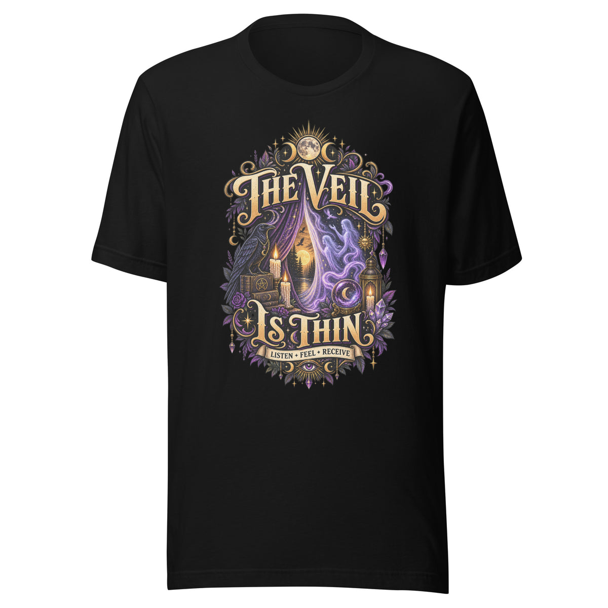 The Veil Is Thin whimsigoth design, a raven, candles and spirits rising through a parted veil, on a black unisex t-shirt, front view