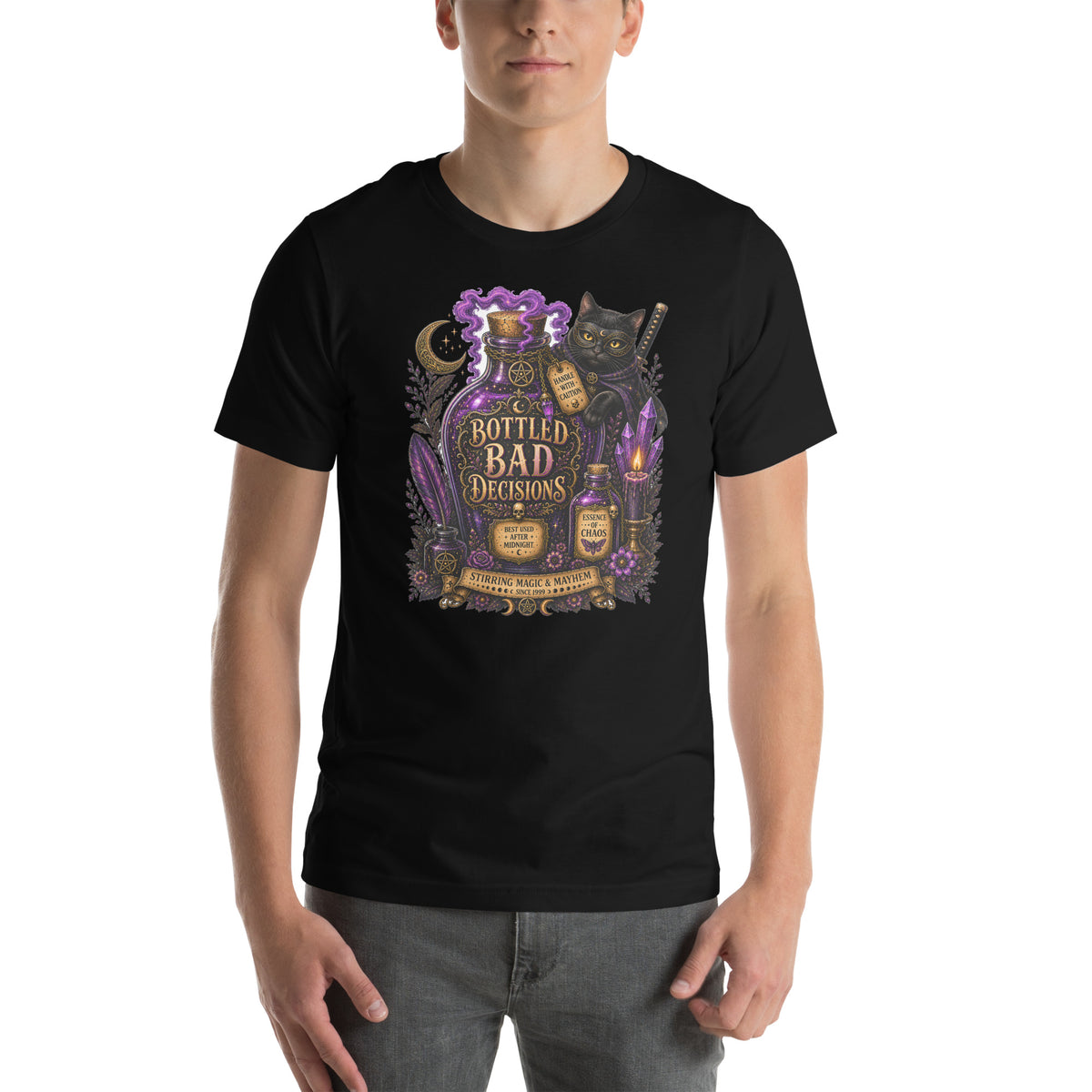 Bottled Bad Decisions whimsigoth design, a black cat and a glowing potion bottle, on a black unisex t-shirt, front view