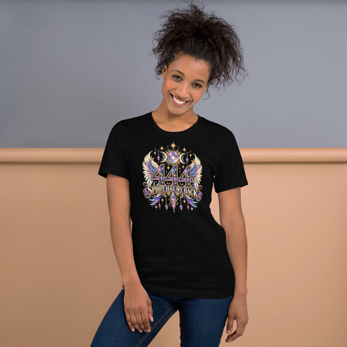 444 Spirit Has My Back angel number design, angel wings flanking the number beneath a galaxy orb and crescent moons, on a black unisex t-shirt, front view