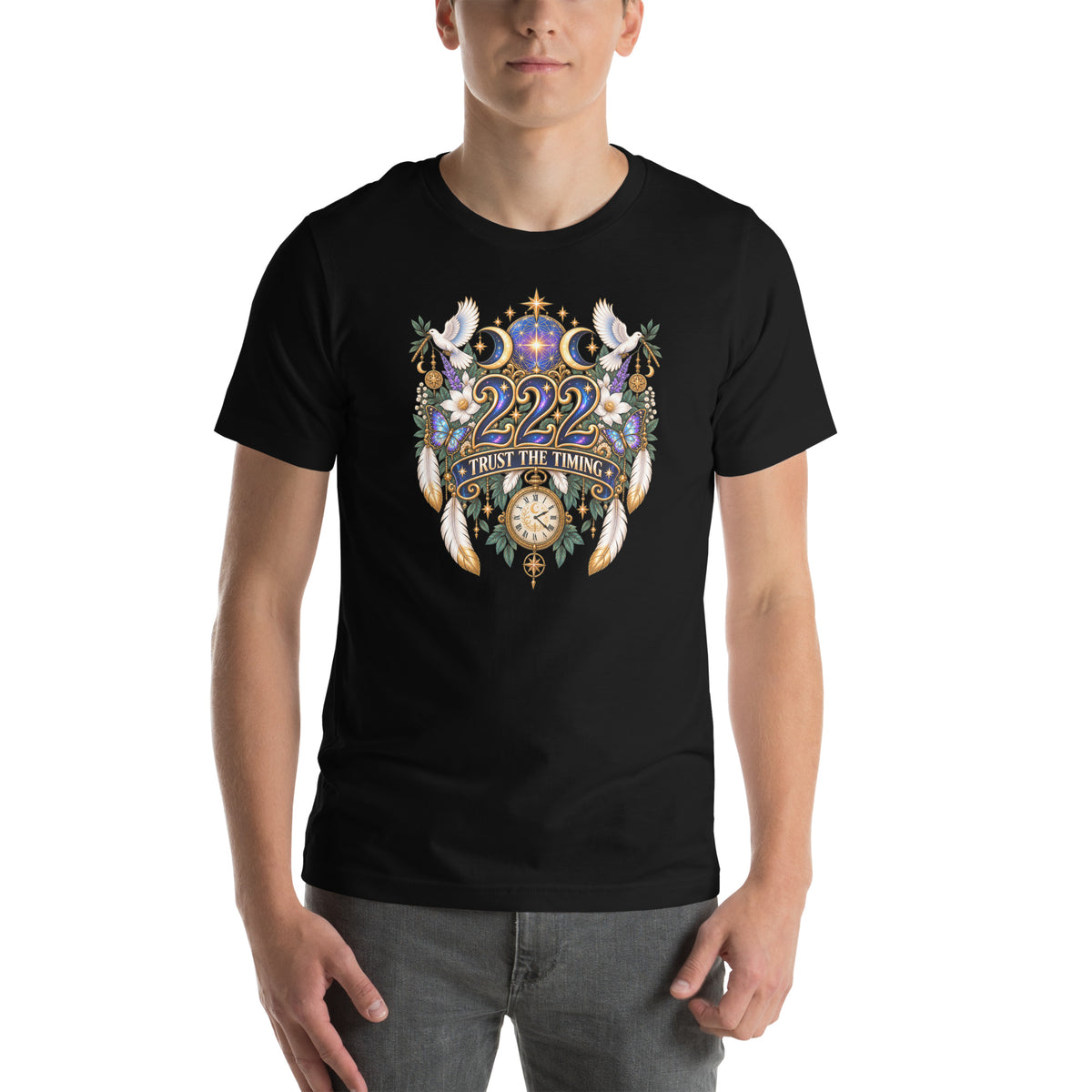 222 Trust The Timing angel number design, two white doves with olive branches, a gold pocket watch and white feathers, on a black unisex t-shirt, front view