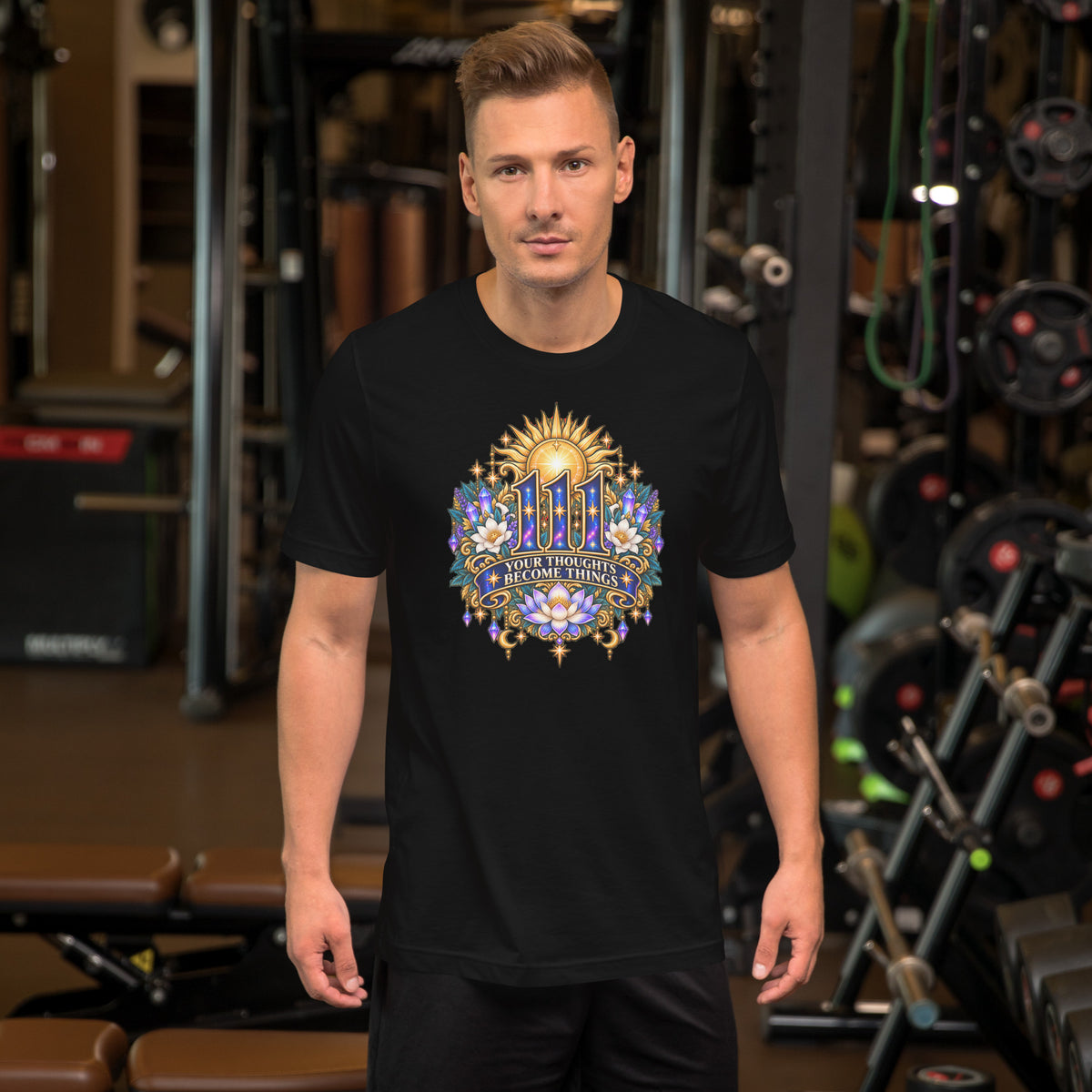 111 Thoughts Become Things angel number design, a golden sunburst with white lotus flowers and amethyst crystals, on a black unisex t-shirt, front view
