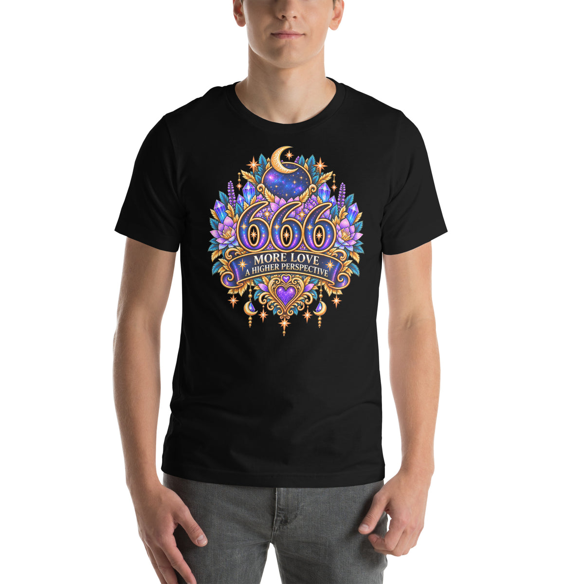 666 More Love angel number design, a crescent moon over a starry orb, with purple lotus flowers and blue crystals, on a black unisex t-shirt, front view