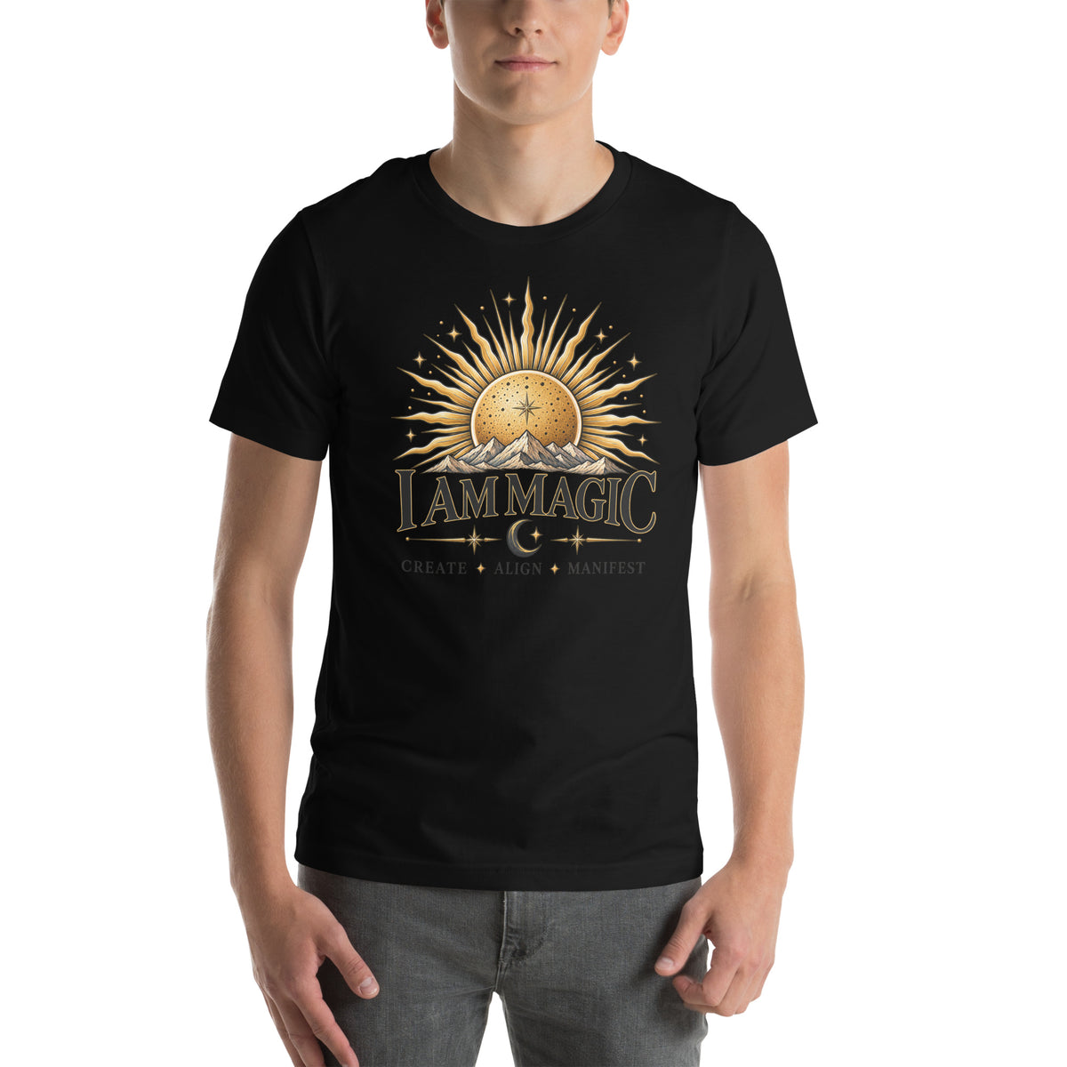 I Am Magic design with a gold sun face, Be Magical collection, on a black unisex t-shirt, front view