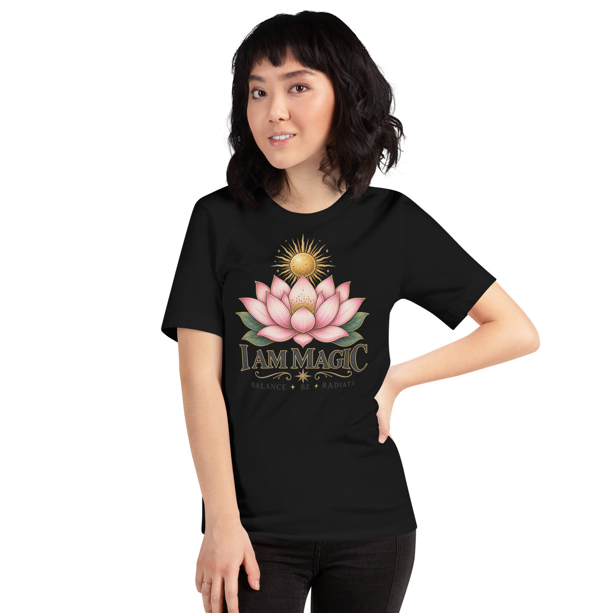 I Am Magic design with a gold lotus, Be Magical collection, on a black unisex t-shirt, front view