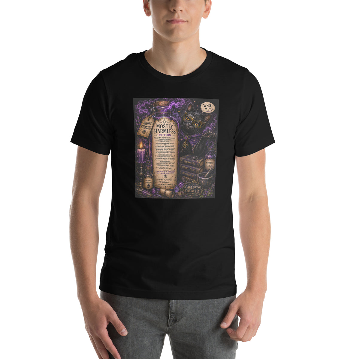 Mostly Harmless whimsigoth design, a potion bottle with a long warning label, on a black unisex t-shirt, front view