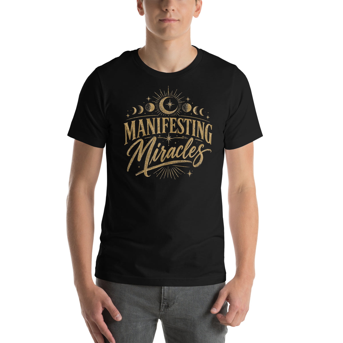 Manifesting Miracles design with moon phases in antique gold, on a black unisex t-shirt, front view