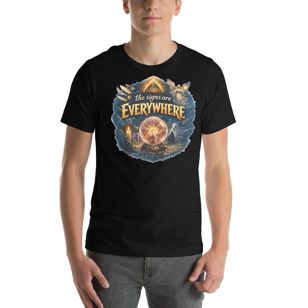 The Signs Are Everywhere design, an all-seeing eye, an angel, a crystal ball, a ghost and a 111 road sign in gold, on a black unisex t-shirt, front view