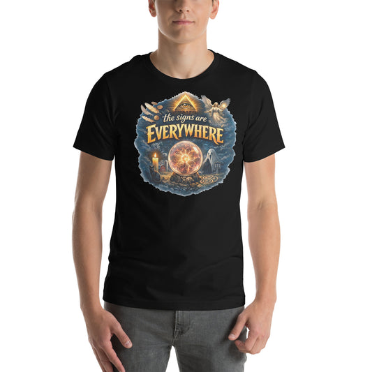 The Signs Are Everywhere design, an all-seeing eye, an angel, a crystal ball, a ghost and a 111 road sign in gold, on a black unisex t-shirt, front view