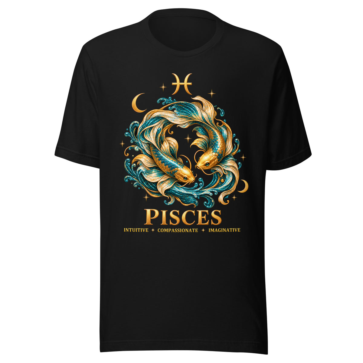 Pisces zodiac t-shirt in black: two gold and teal koi circling in a night sky of gold stars, with the Pisces glyph, two crescent moons and the words Intuitive, Compassionate, Imaginative
