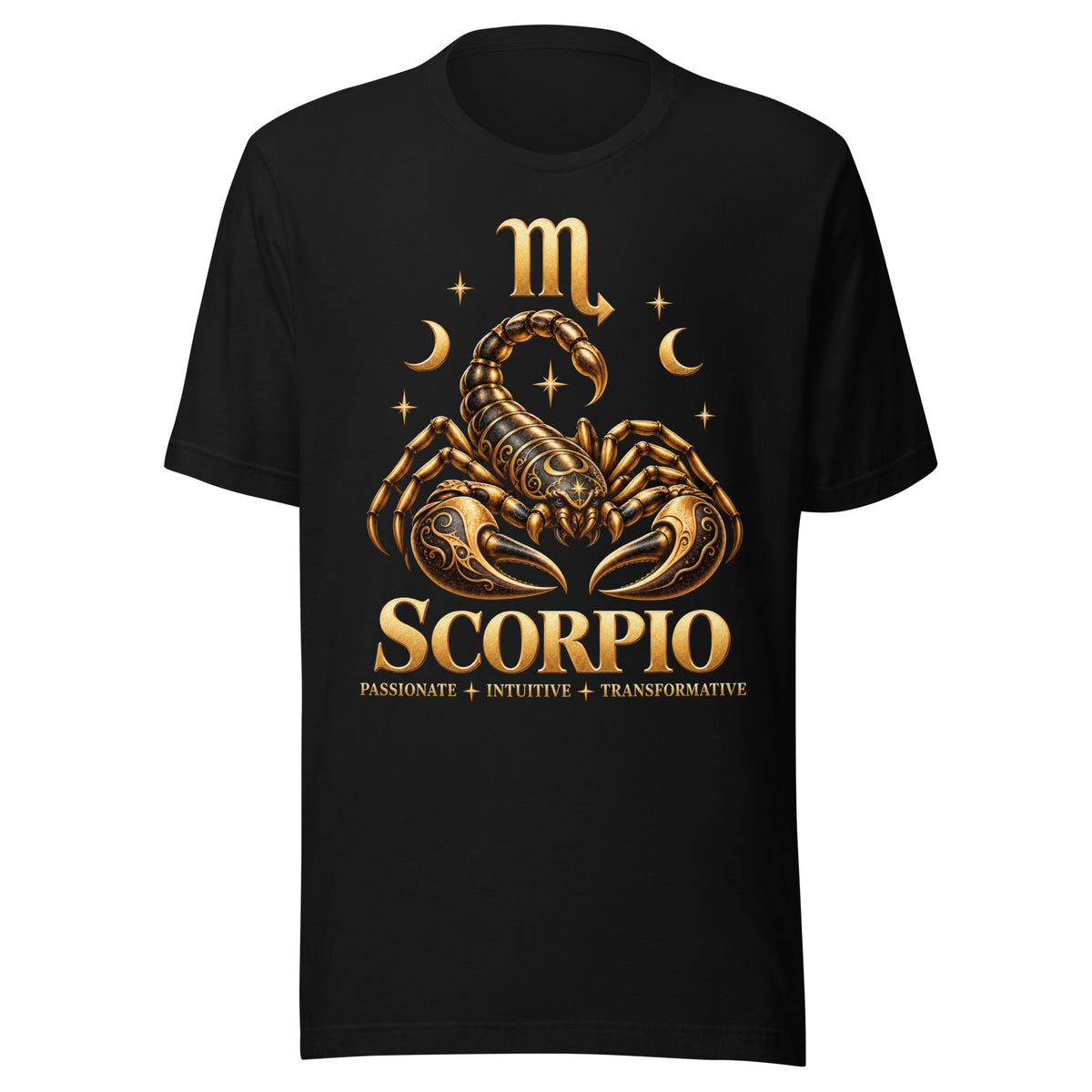 Scorpio zodiac t-shirt in black: a golden scorpion with its tail raised in a night sky of gold stars, with the Scorpio glyph, two crescent moons and the words Passionate, Intuitive, Transformative