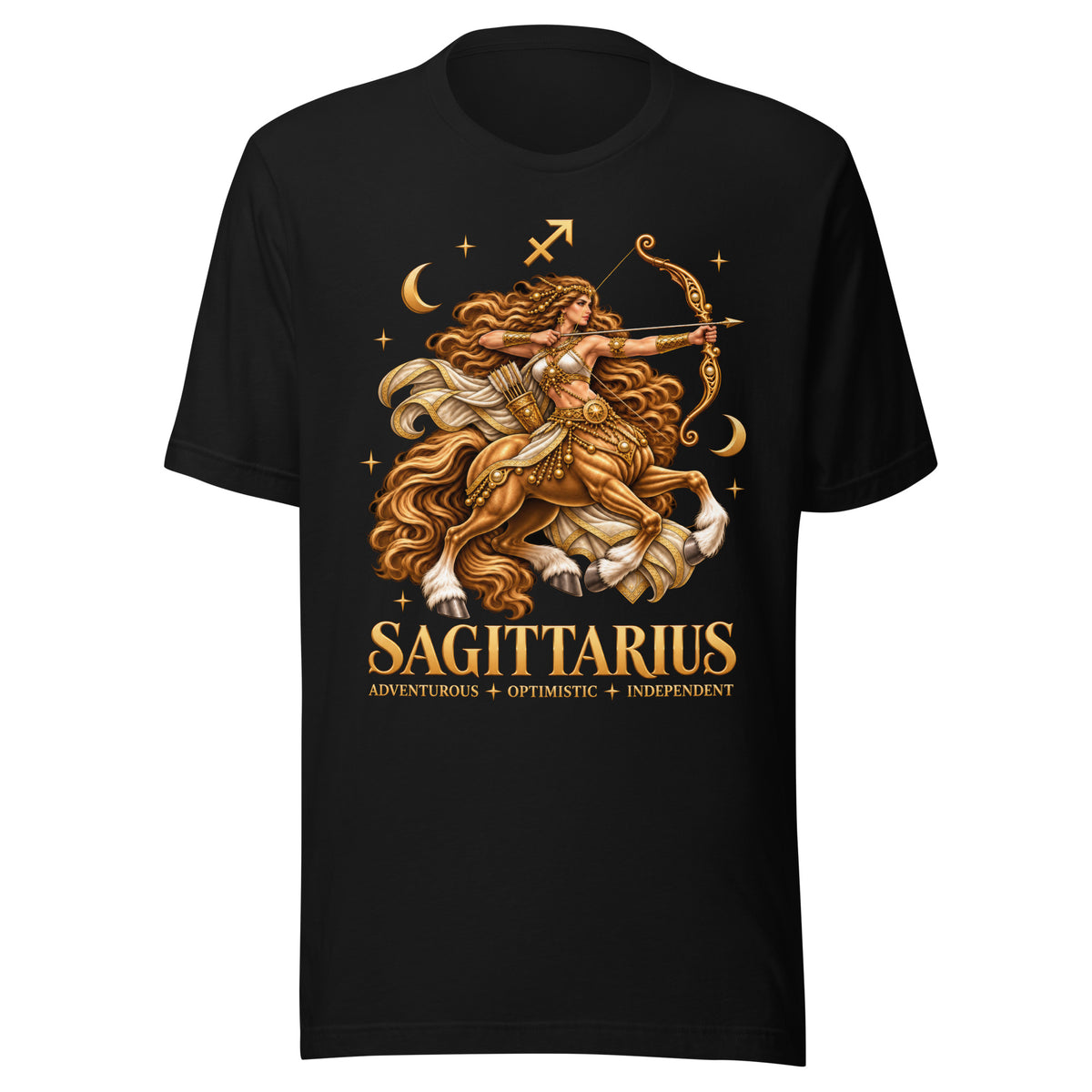Sagittarius zodiac t-shirt in black: a golden centaur archer drawing her bow in a night sky of gold stars, with the Sagittarius glyph, two crescent moons and the words Adventurous, Optimistic, Independent