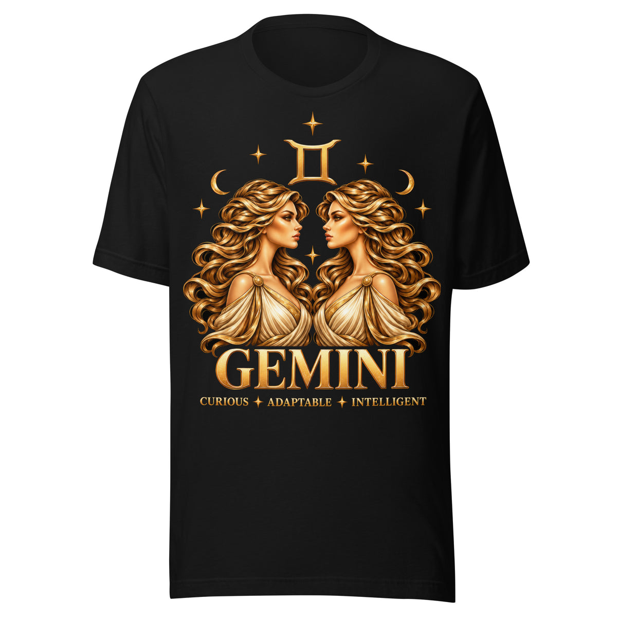 Gemini zodiac t-shirt in black: golden twins face to face with flowing hair in a night sky of gold stars, with the Gemini glyph, two crescent moons and the words Curious, Adaptable, Intelligent
