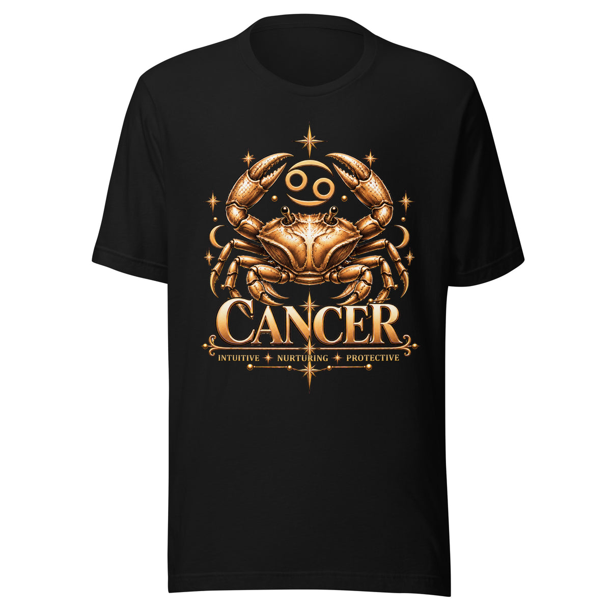 Cancer zodiac t-shirt in black: a golden crab with claws raised in a night sky of gold stars, with the Cancer glyph, crescent moons and the words Intuitive, Nurturing, Protective