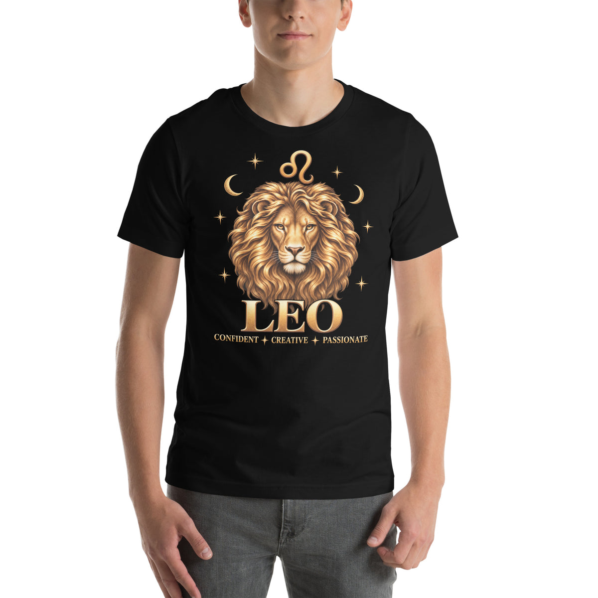 Leo zodiac t-shirt in black: a golden lion with a full flowing mane in a night sky of gold stars, with the Leo glyph, two crescent moons and the words Confident, Creative, Passionate