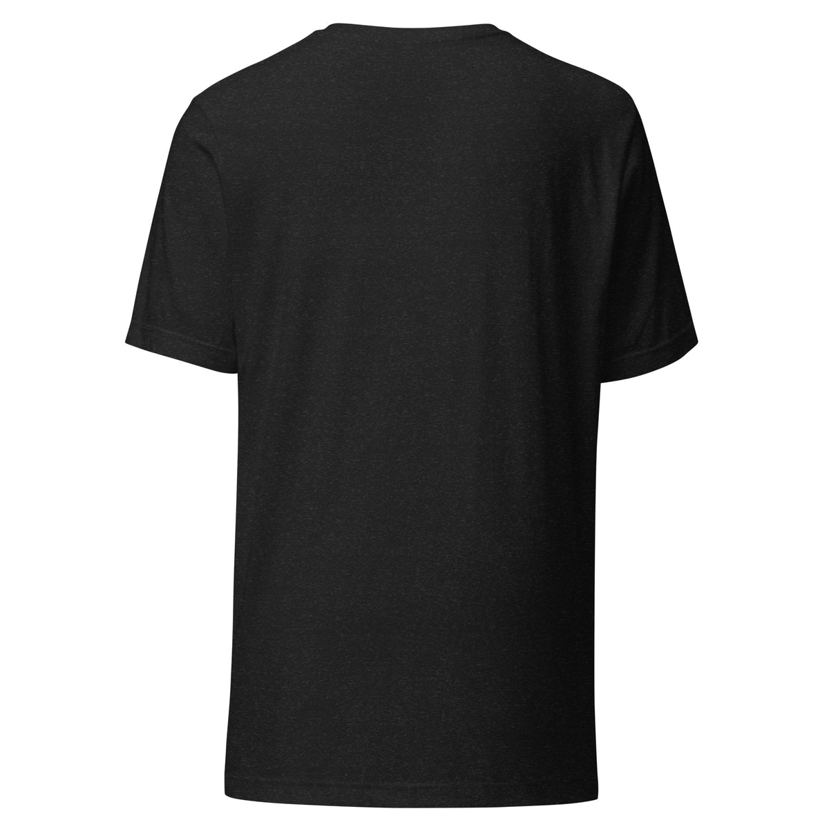 The Veil Is Thin whimsigoth design, a raven, candles and spirits rising through a parted veil, on a black heather unisex t-shirt, back view