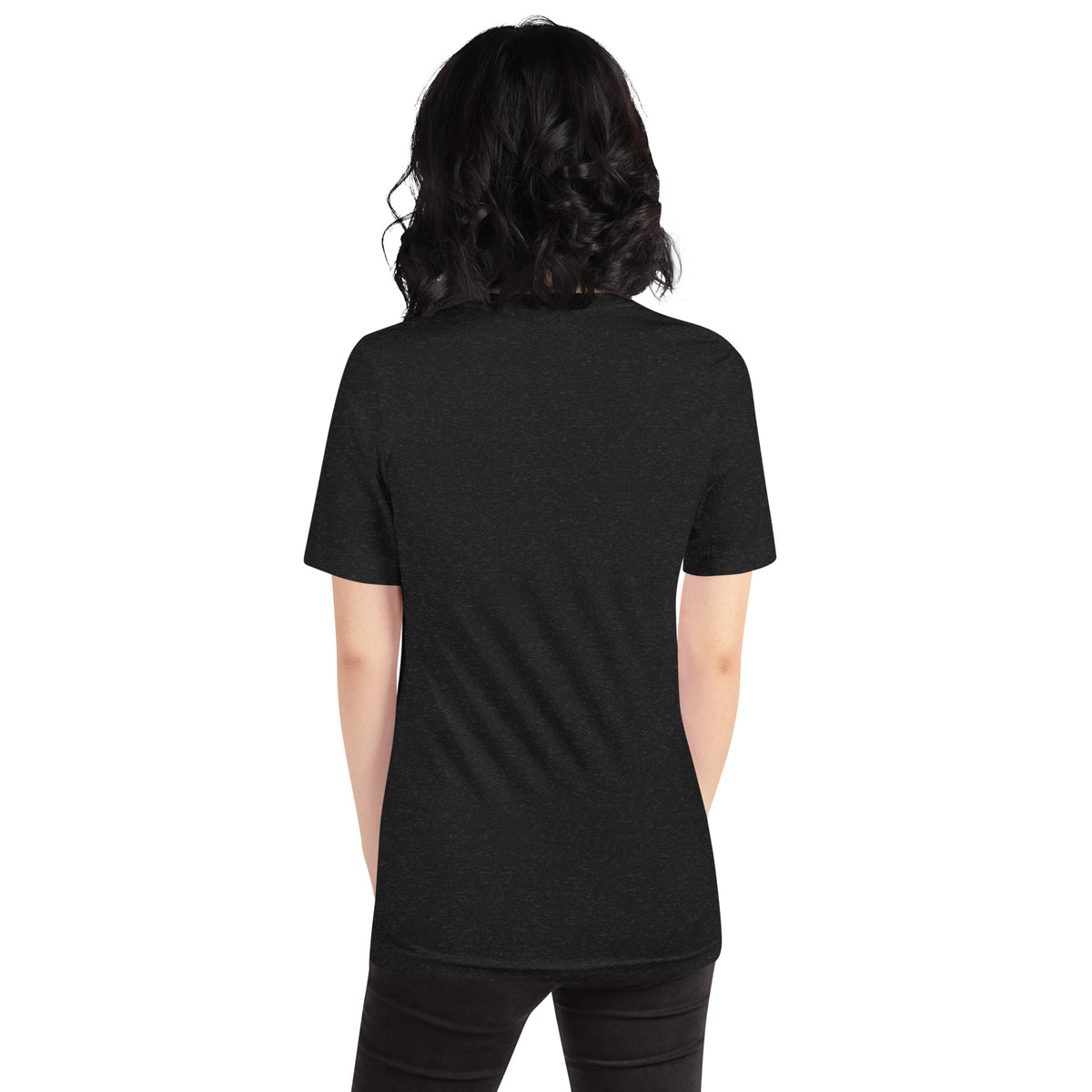 Chaos Coordinator whimsigoth design, a witchy black cat in a pointed hat, on a black heather unisex t-shirt, back view
