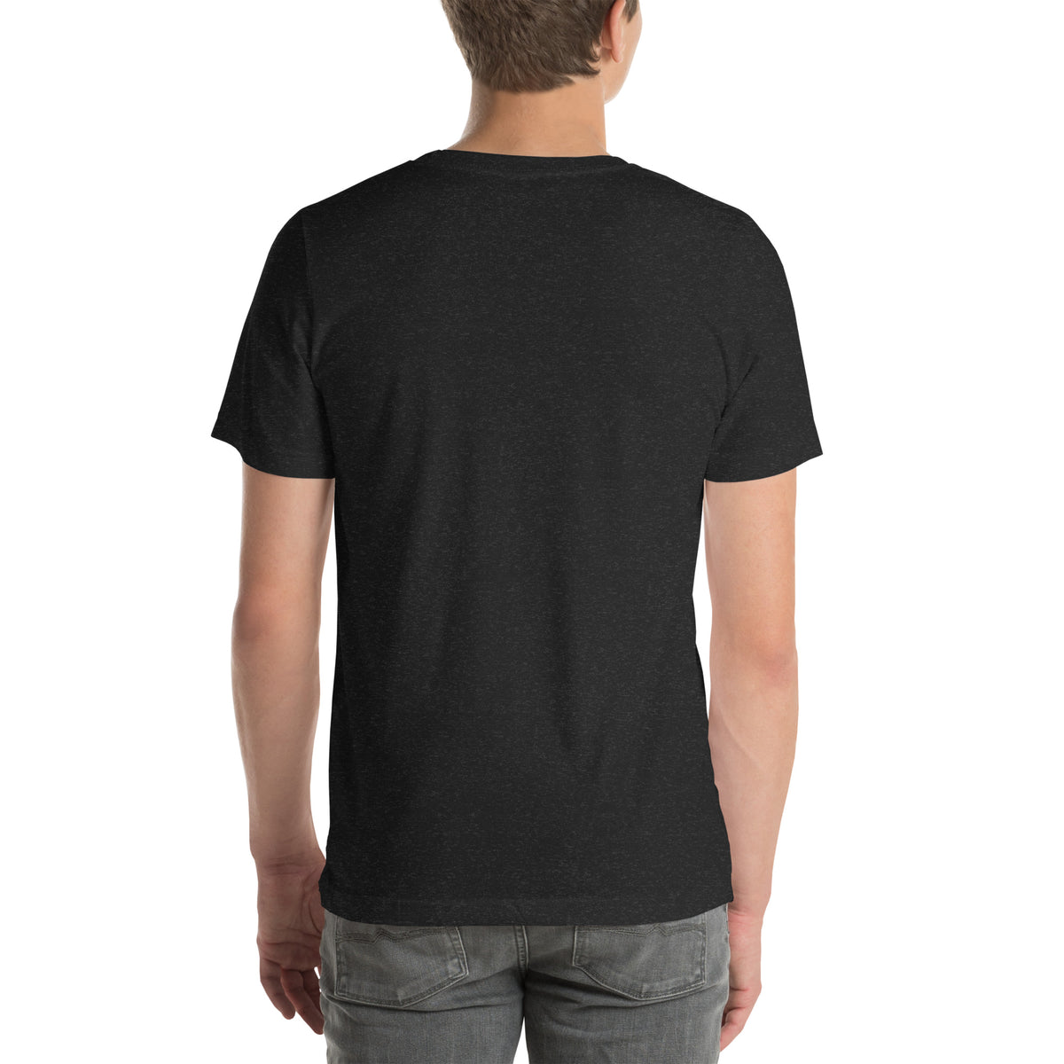 Highly Intuitive, Surprisingly Grounded design, moon phases above and roots below, on a black heather unisex t-shirt, back view