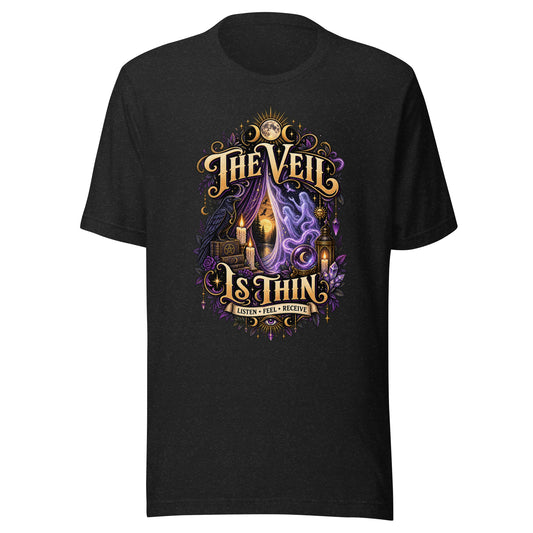 The Veil Is Thin whimsigoth design, a raven, candles and spirits rising through a parted veil, on a black heather unisex t-shirt, front view