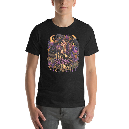Resting Witch Face whimsigoth design, a witch in round sunglasses with her black cat and a raven, on a black heather unisex t-shirt, front view