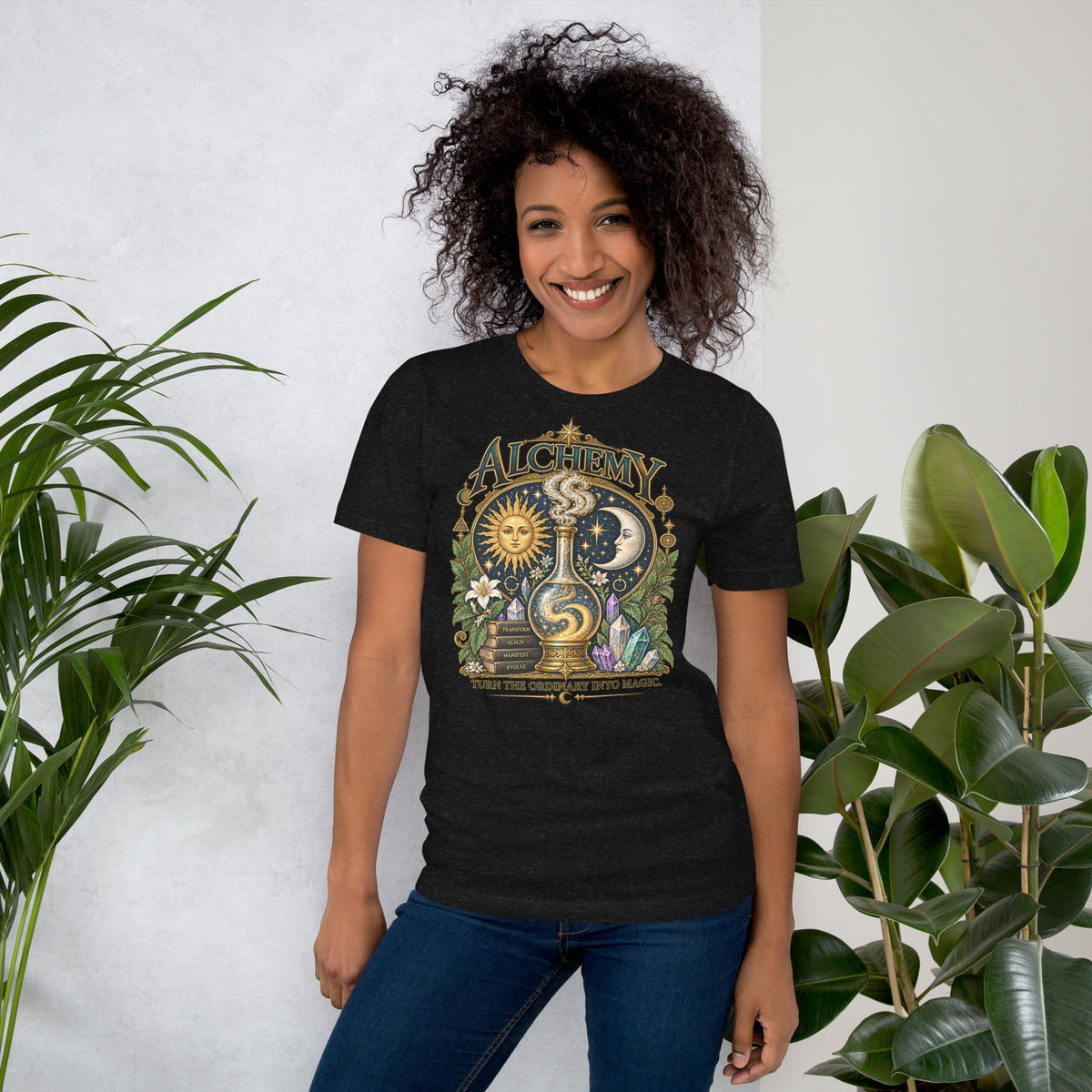 Alchemy, Turn the Ordinary Into Magic design, on a black heather unisex t-shirt, front view
