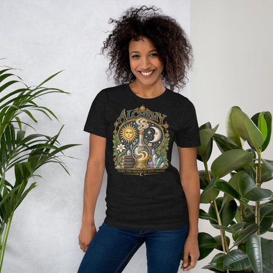 Alchemy, Turn the Ordinary Into Magic design, on a black heather unisex t-shirt, front view