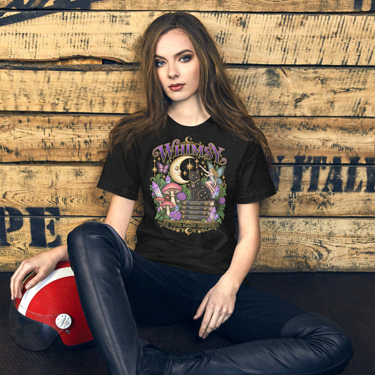 Whimsy, Take Your Magic Seriously design, on a black heather unisex t-shirt, front view