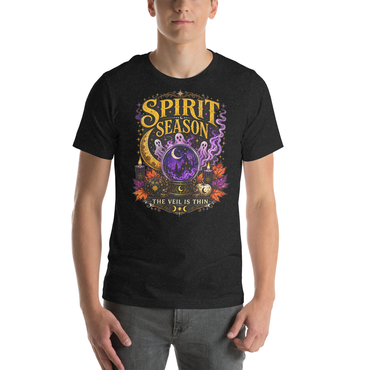 Spirit Season The Veil Is Thin design, three ghosts around a crystal ball, on a black heather unisex t-shirt, front view