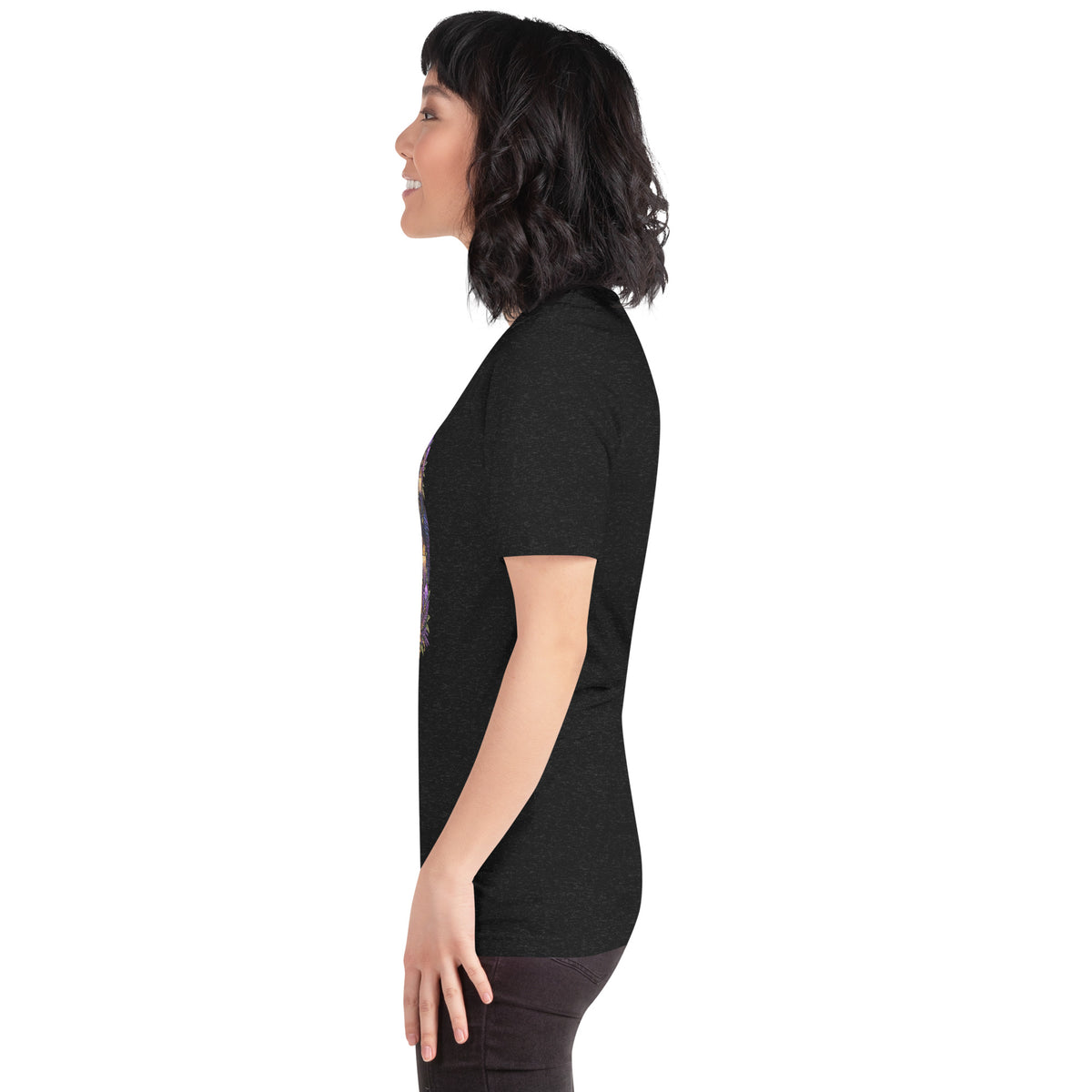 Chaos Coordinator whimsigoth design, a witchy black cat in a pointed hat, on a black heather unisex t-shirt, left side view