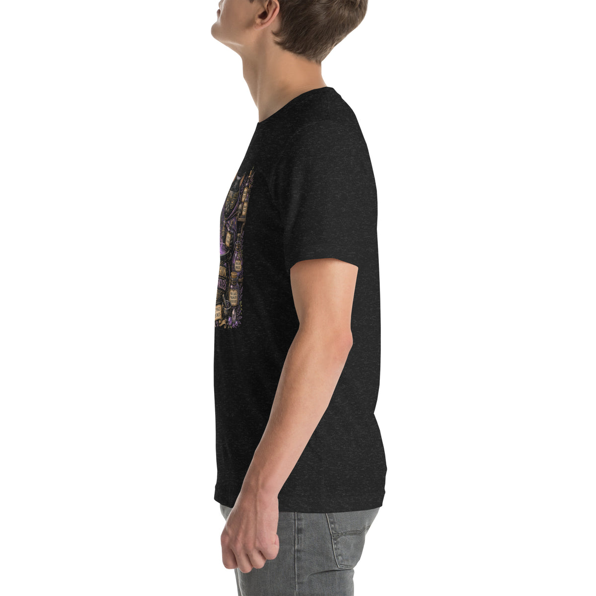 Add A Little Chaos whimsigoth design, a masked cat and a bubbling cauldron, on a black heather unisex t-shirt, left side view