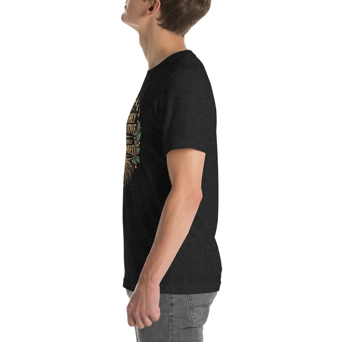 Highly Intuitive, Surprisingly Grounded design, moon phases above and roots below, on a black heather unisex t-shirt, left side view