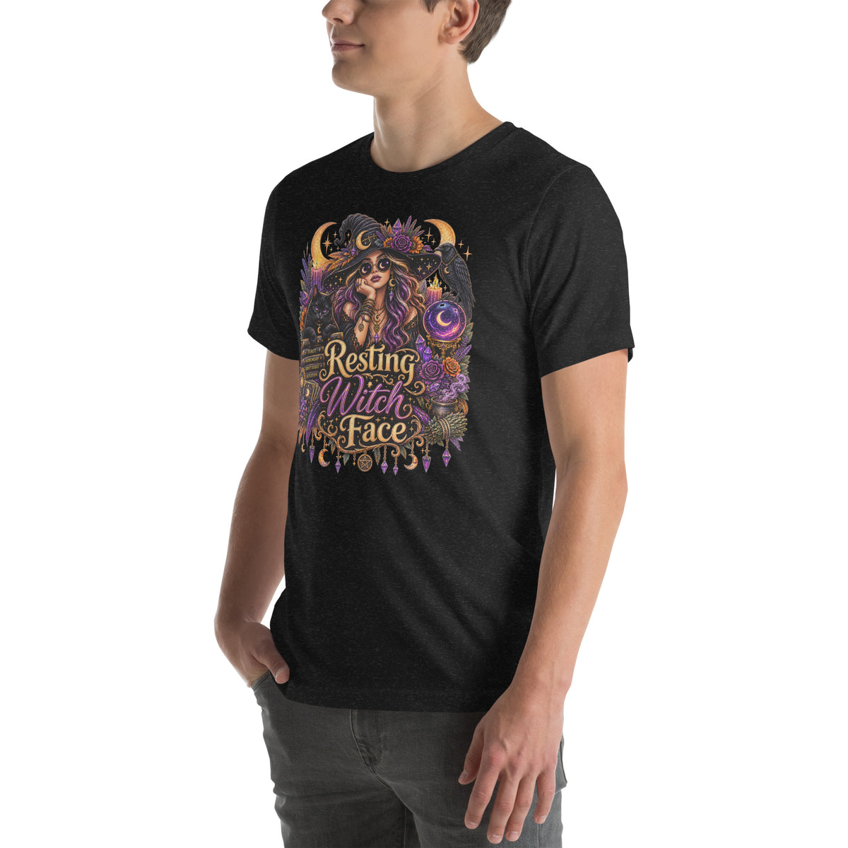 Resting Witch Face whimsigoth design, a witch in round sunglasses with her black cat and a raven, on a black heather unisex t-shirt, left front view