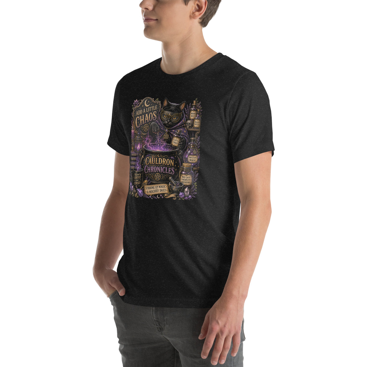 Add A Little Chaos whimsigoth design, a masked cat and a bubbling cauldron, on a black heather unisex t-shirt, left front view