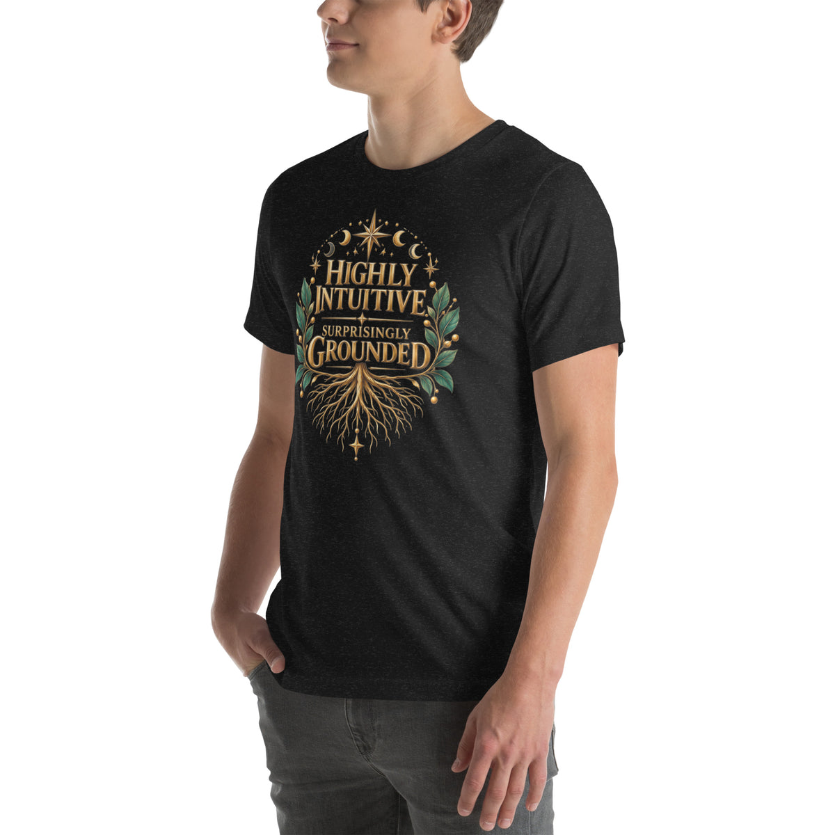 Highly Intuitive, Surprisingly Grounded design, moon phases above and roots below, on a black heather unisex t-shirt, angled left front view