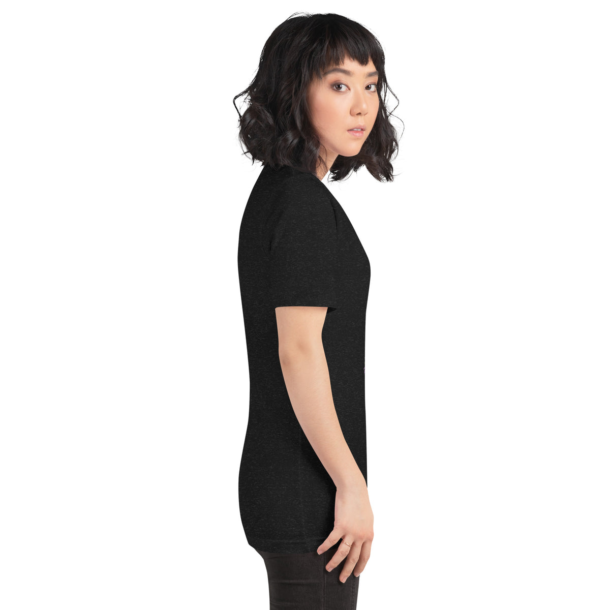 Chaos Coordinator whimsigoth design, a witchy black cat in a pointed hat, on a black heather unisex t-shirt, right side view