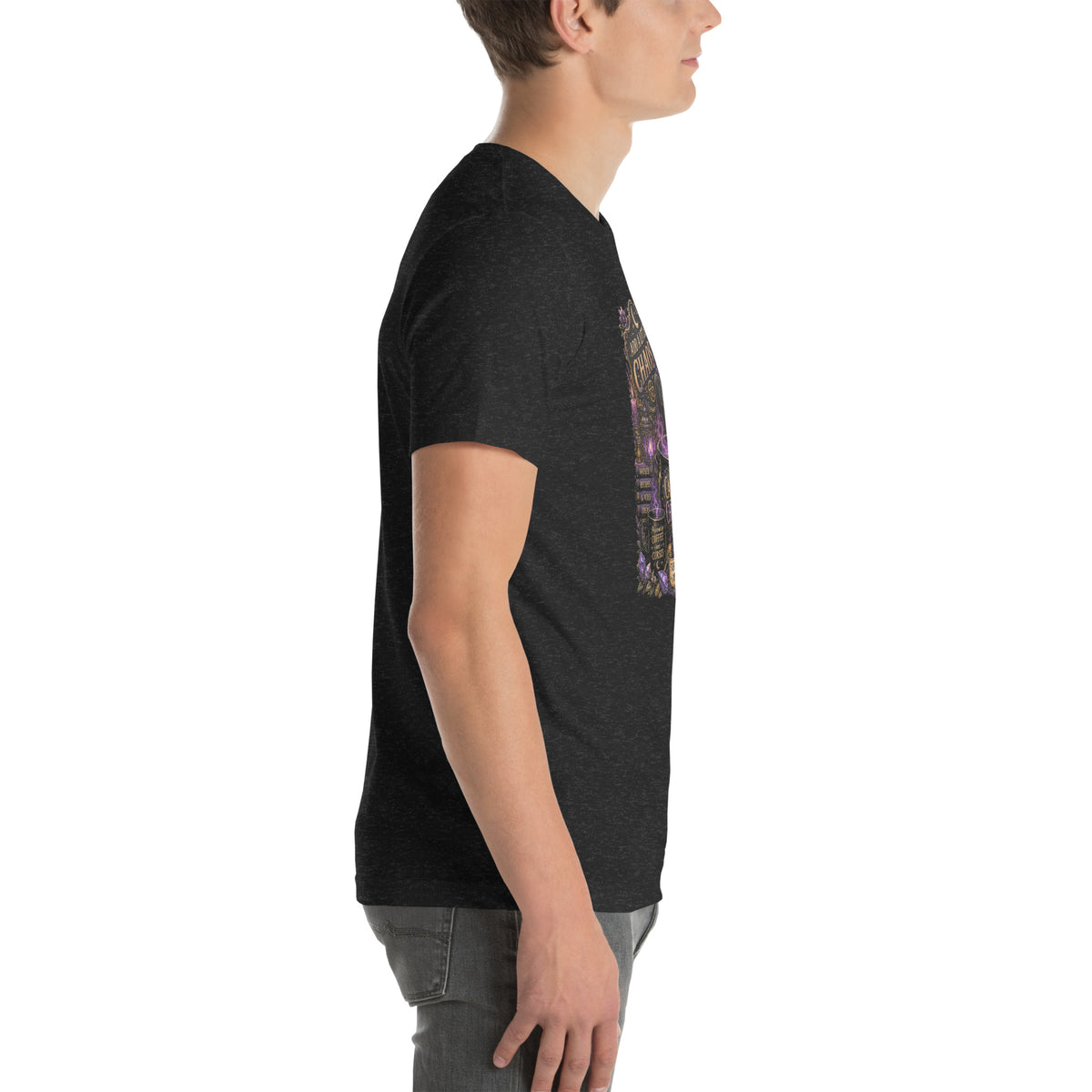 Add A Little Chaos whimsigoth design, a masked cat and a bubbling cauldron, on a black heather unisex t-shirt, right side view
