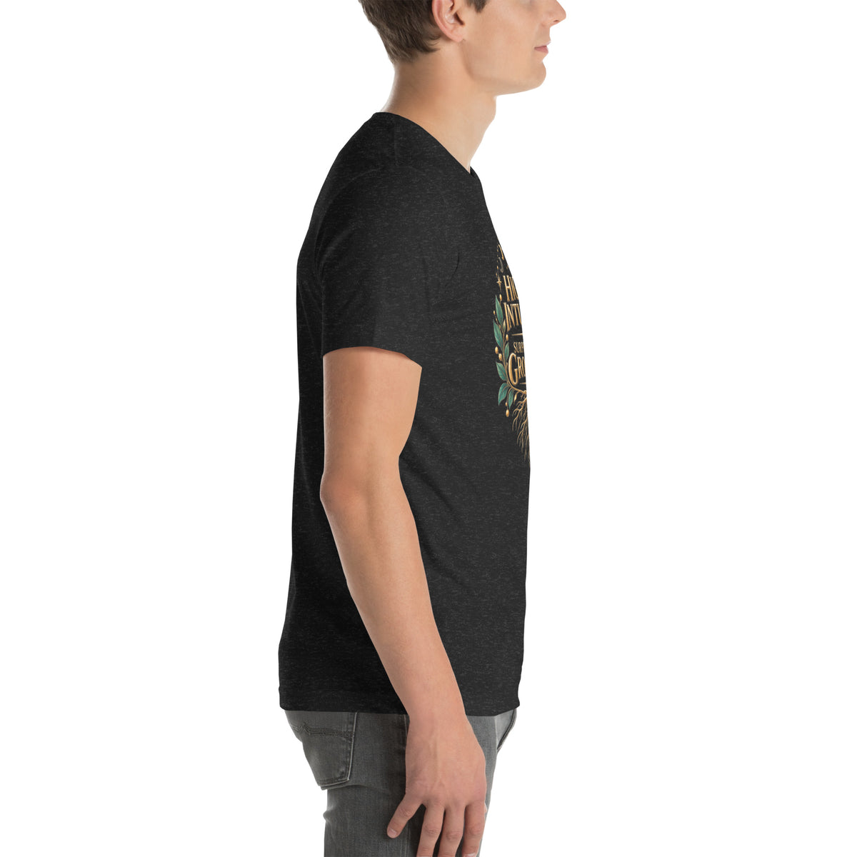 Highly Intuitive, Surprisingly Grounded design, moon phases above and roots below, on a black heather unisex t-shirt, right side view