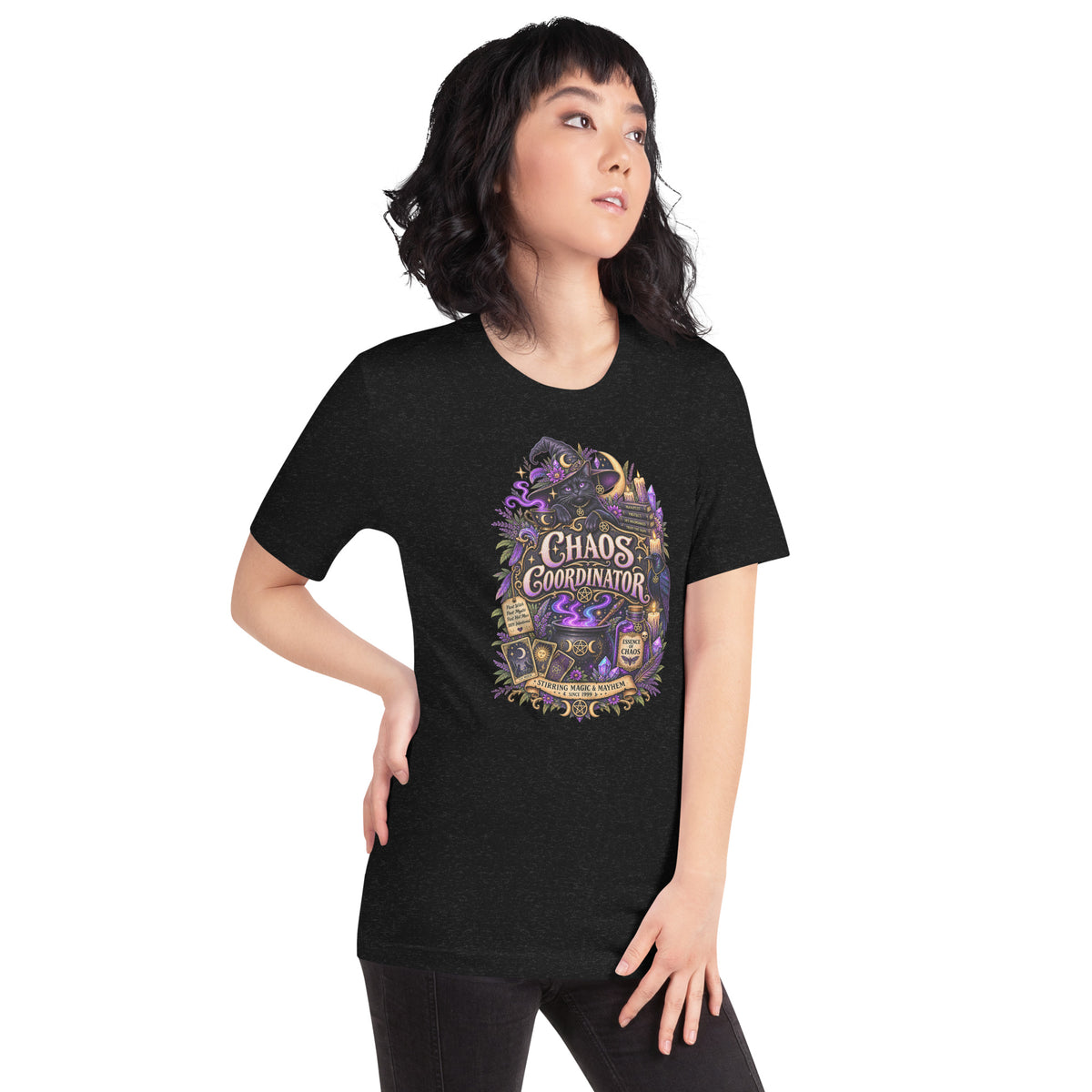 Chaos Coordinator whimsigoth design, a witchy black cat in a pointed hat, on a black heather unisex t-shirt, right front view