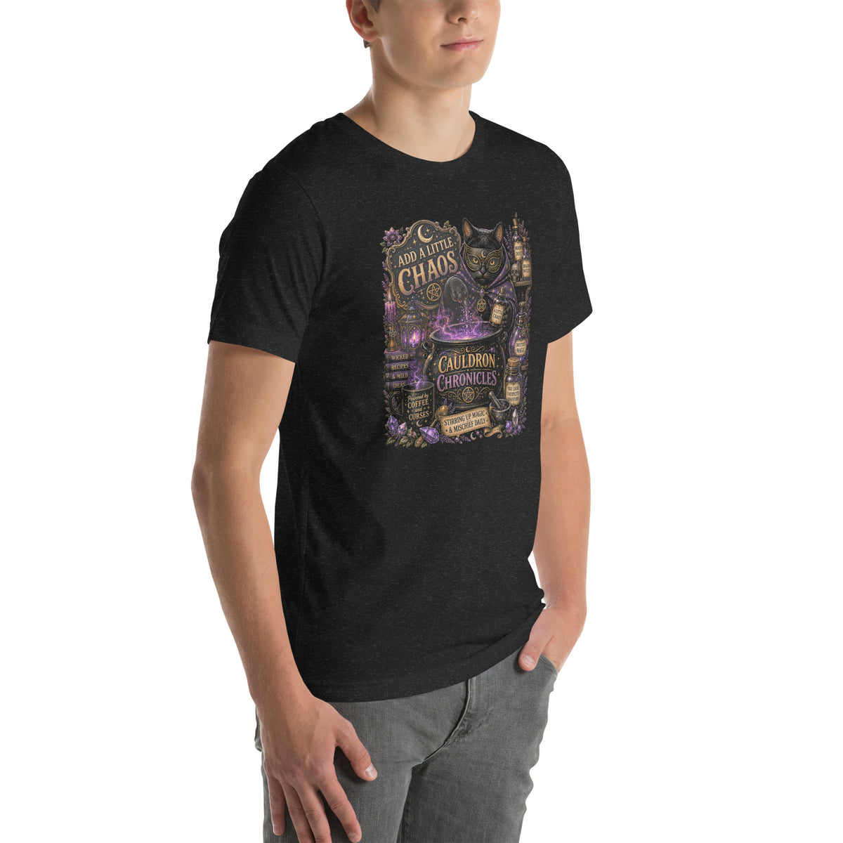 Add A Little Chaos whimsigoth design, a masked cat and a bubbling cauldron, on a black heather unisex t-shirt, right front view