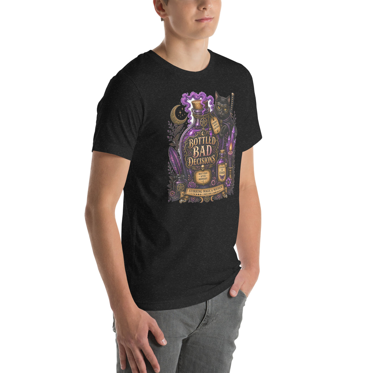 Bottled Bad Decisions whimsigoth design, a black cat and a glowing potion bottle, on a black heather unisex t-shirt, right front view