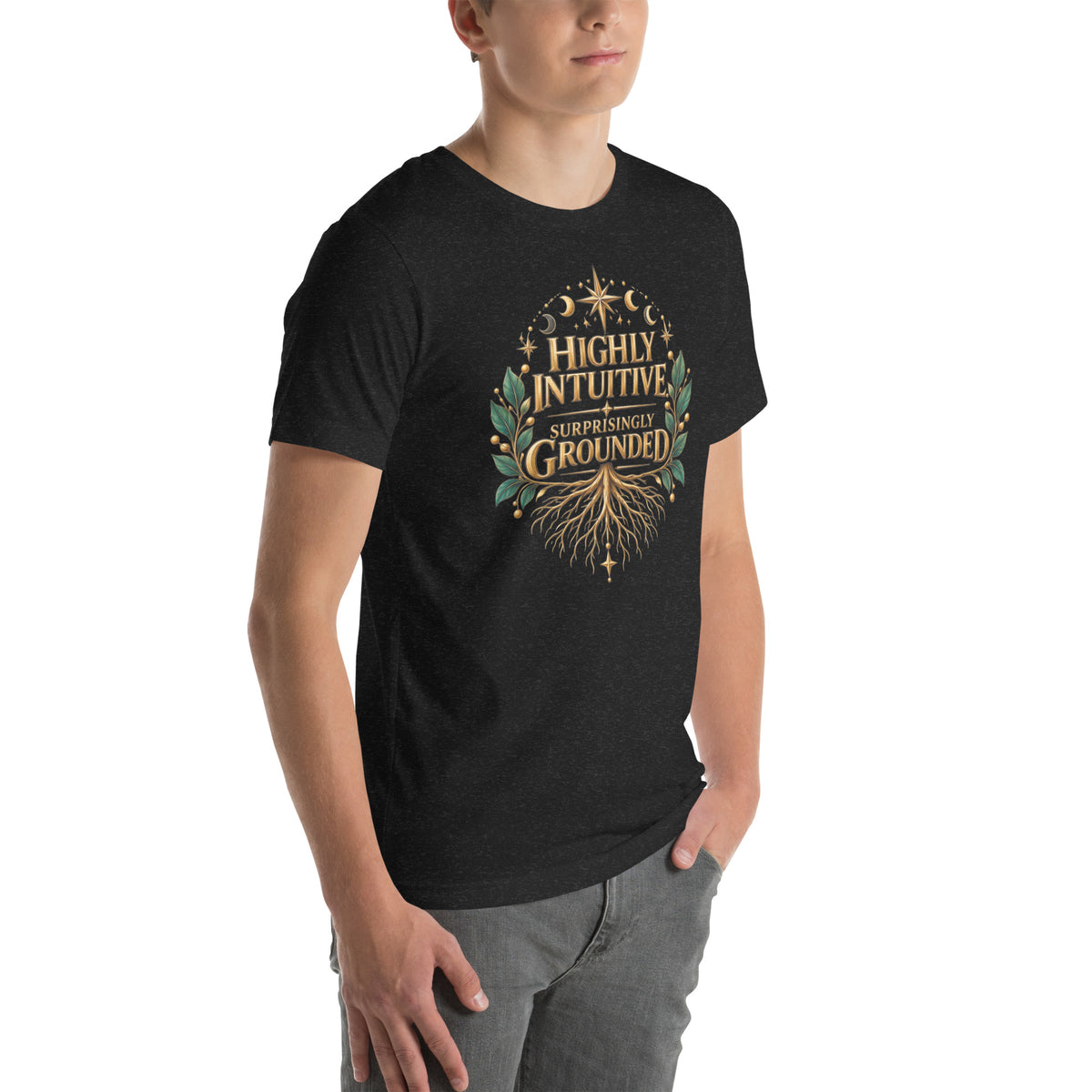 Highly Intuitive, Surprisingly Grounded design, moon phases above and roots below, on a black heather unisex t-shirt, angled right front view