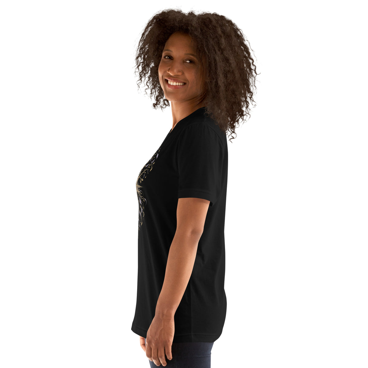 I Am Grounded affirmation design, on a black unisex t-shirt, left side view
