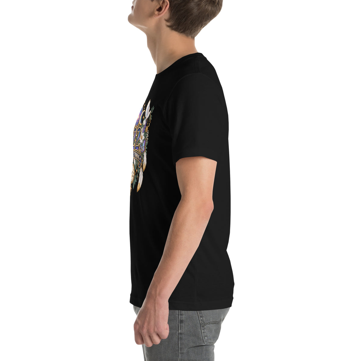 222 Trust The Timing angel number design, two white doves with olive branches, a gold pocket watch and white feathers, on a black unisex t-shirt, left side view