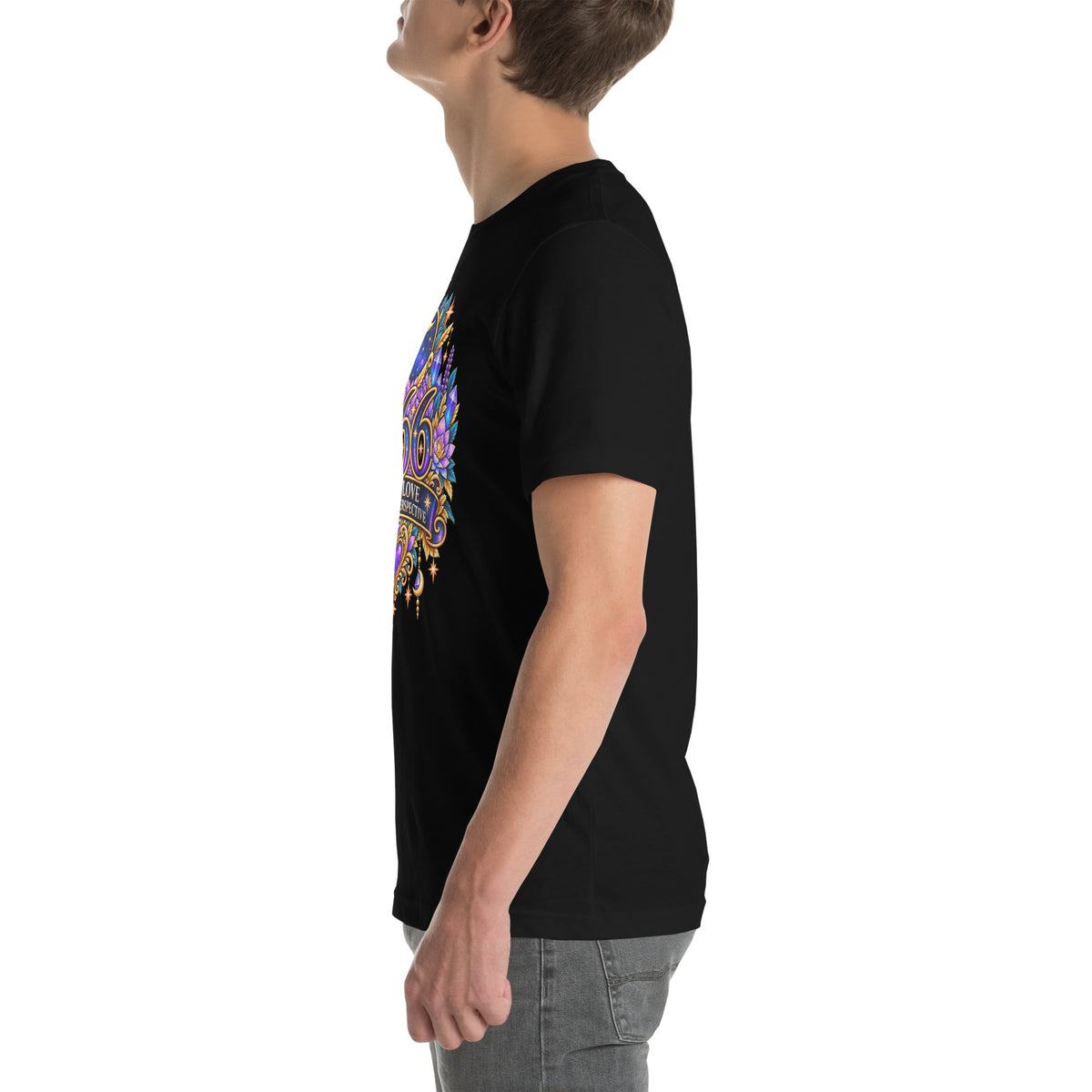666 More Love angel number design, a crescent moon over a starry orb, with purple lotus flowers and blue crystals, on a black unisex t-shirt, left side view
