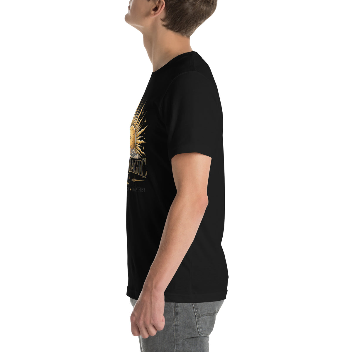 I Am Magic design with a gold sun face, Be Magical collection, on a black unisex t-shirt, left side view