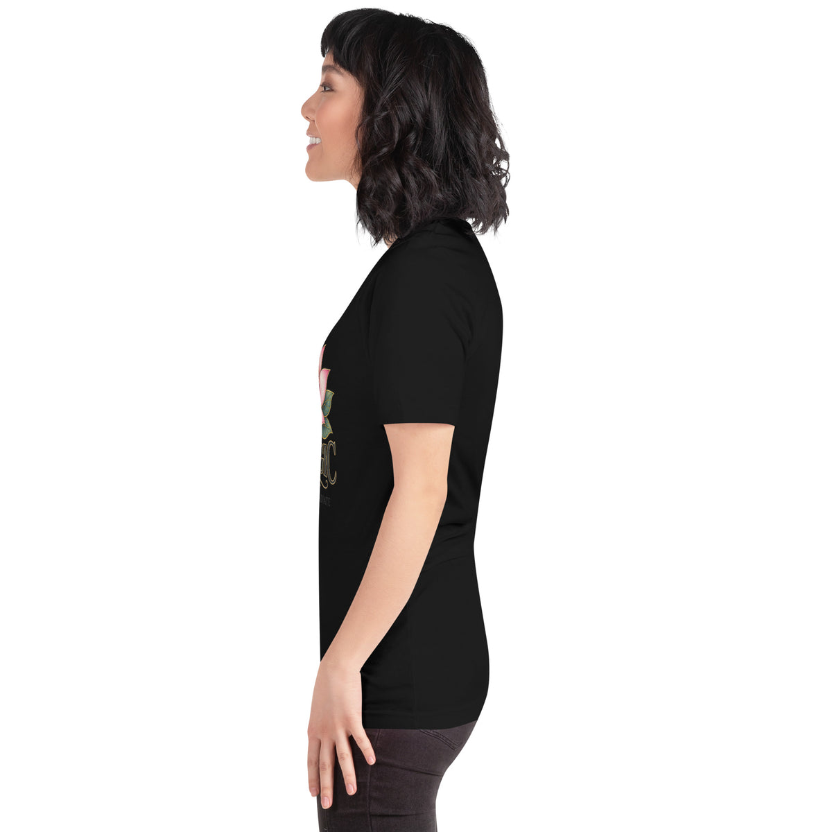 I Am Magic design with a gold lotus, Be Magical collection, on a black unisex t-shirt, left side view