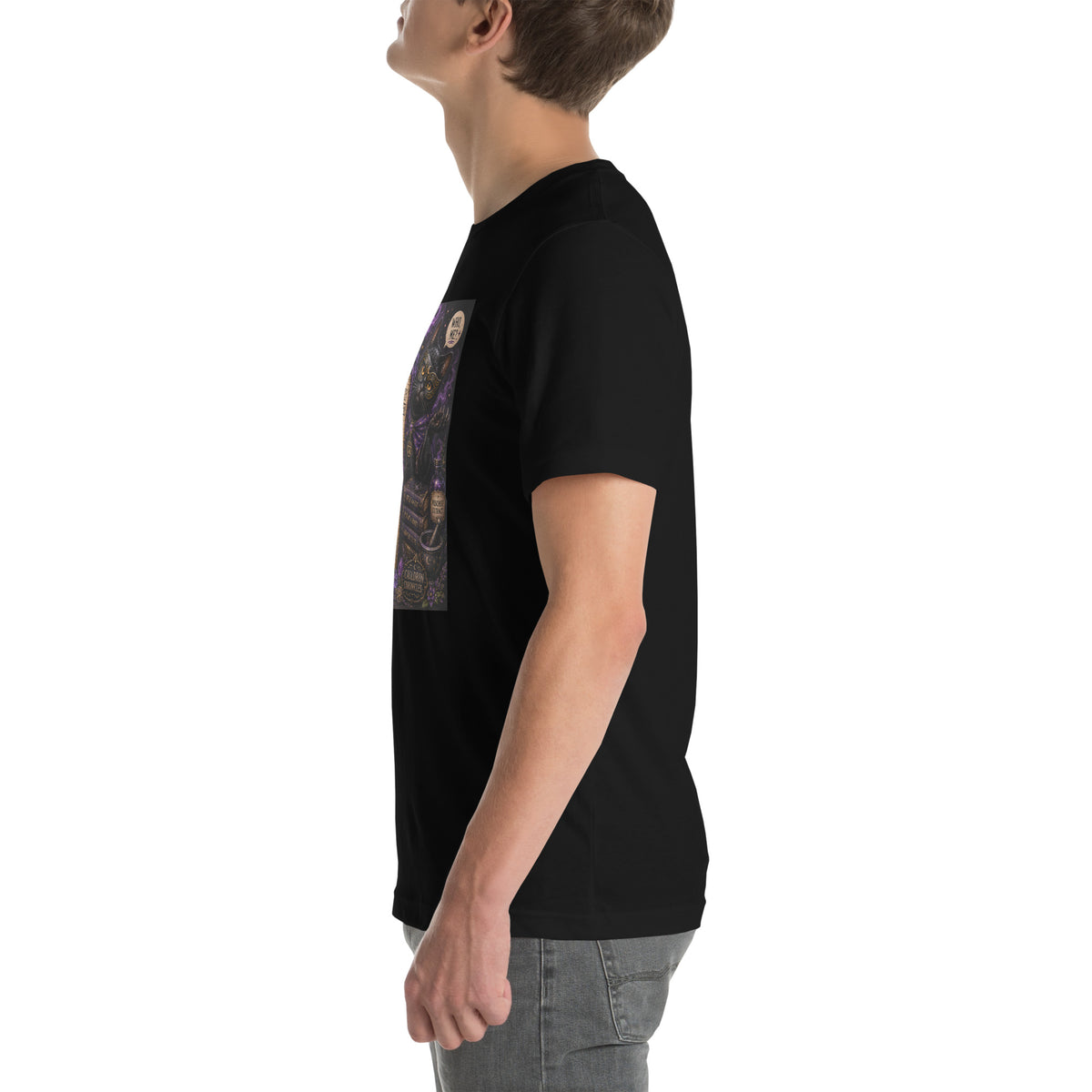 Mostly Harmless whimsigoth design, a potion bottle with a long warning label, on a black unisex t-shirt, left side view