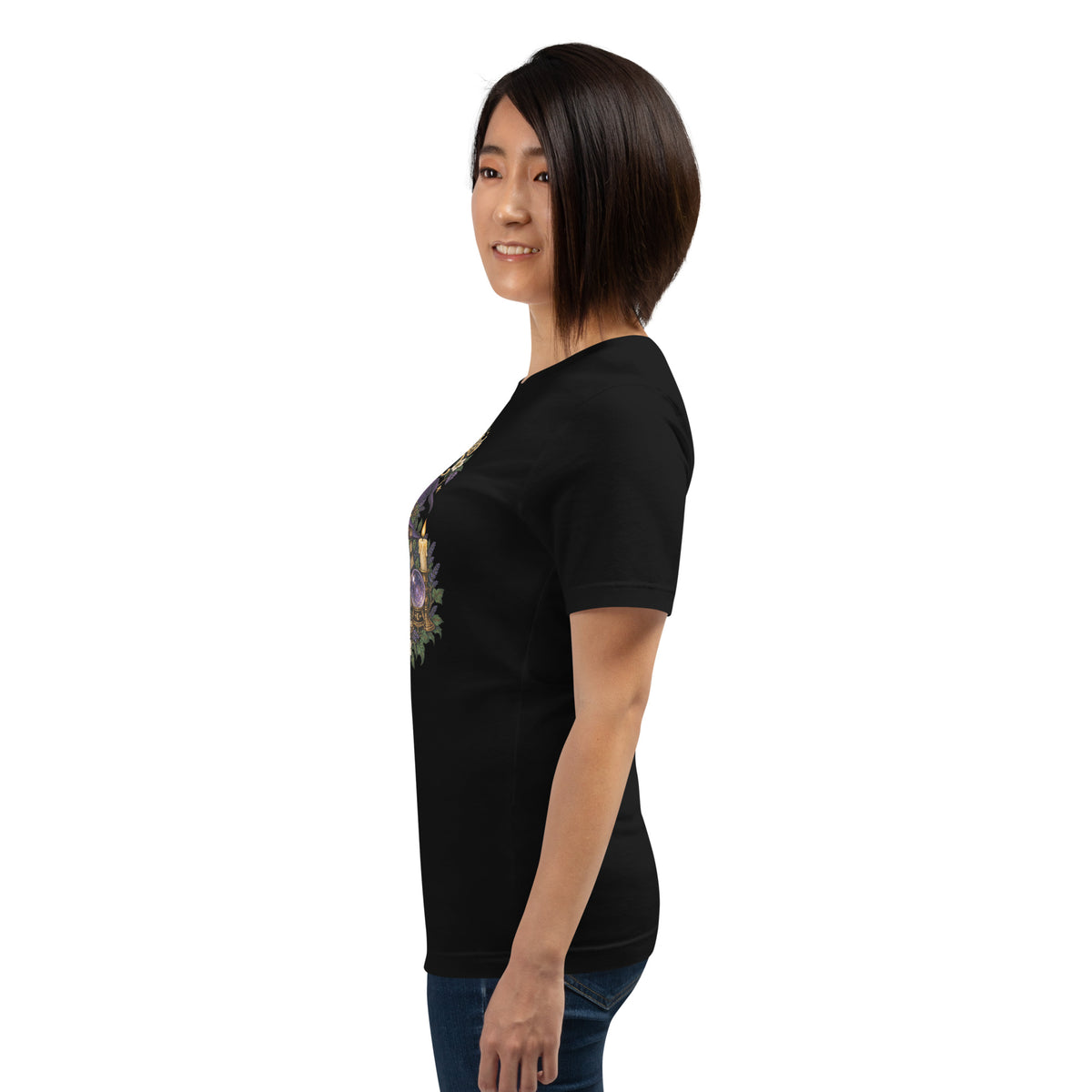 My Book Club Has A Coven Problem dark academia design, a witchy black cat and a stack of spellbooks, on a black unisex t-shirt, left side view