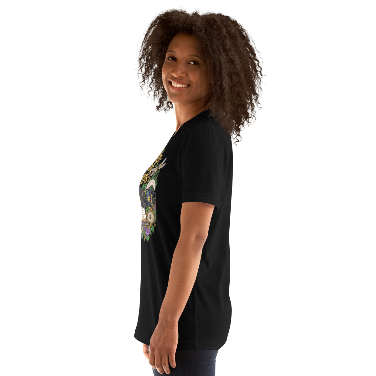 Currently Reading The Signs dark academia design, two black cats asleep over an open book beneath a crescent moon, on a black unisex t-shirt, left side view