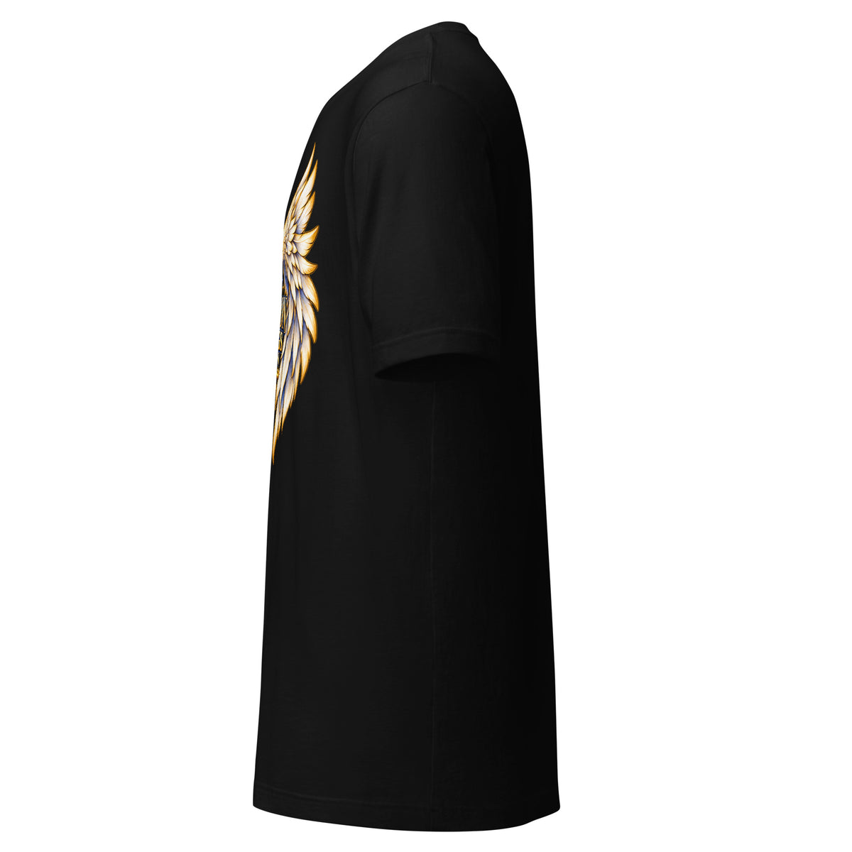 My Person Has Wings In Heaven design, gold and white angel wings curving into a heart around gold lettering with blue star sparkles, on a black unisex t-shirt, left side view
