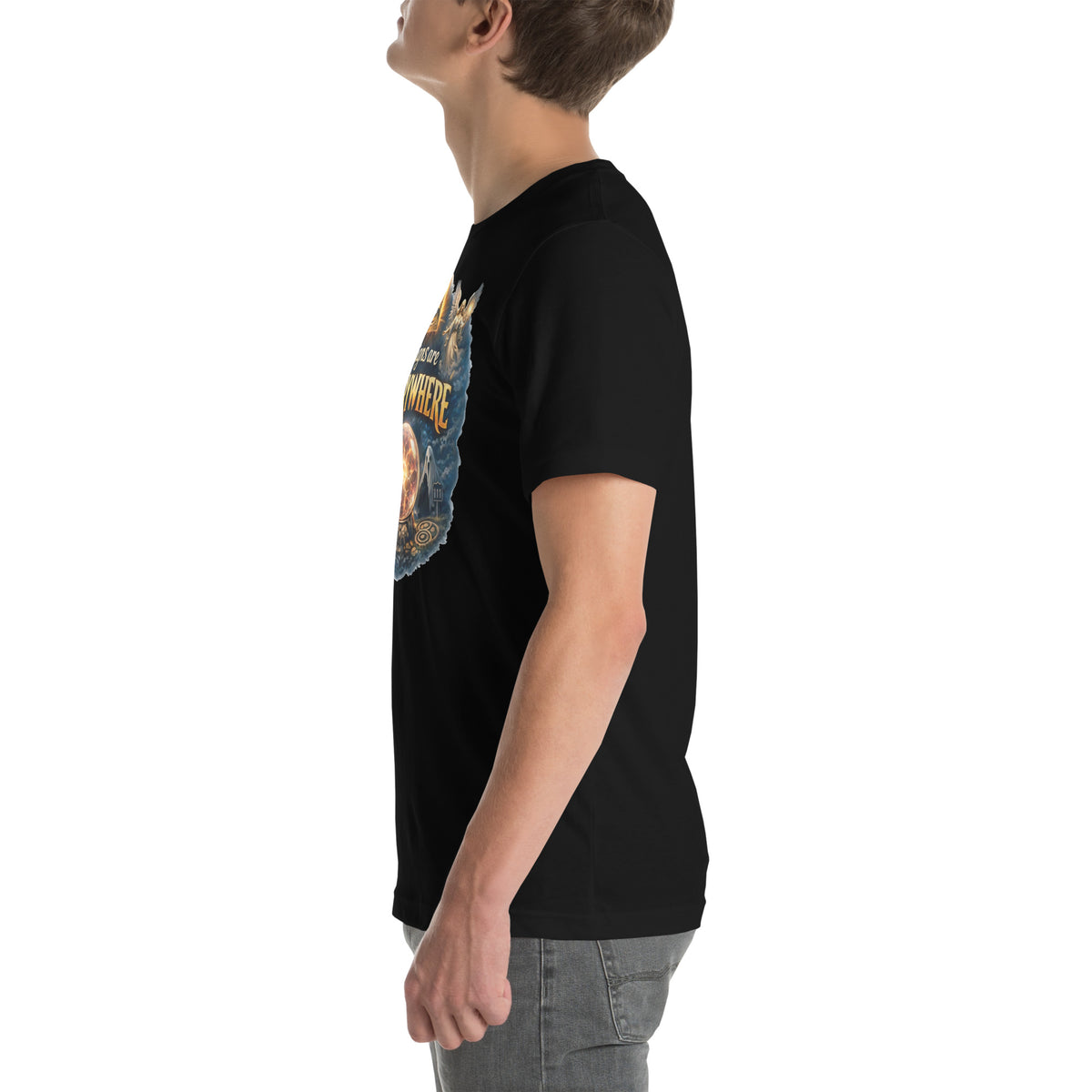 The Signs Are Everywhere design, an all-seeing eye, an angel, a crystal ball and a 111 road sign in gold, on a black unisex t-shirt, left side view